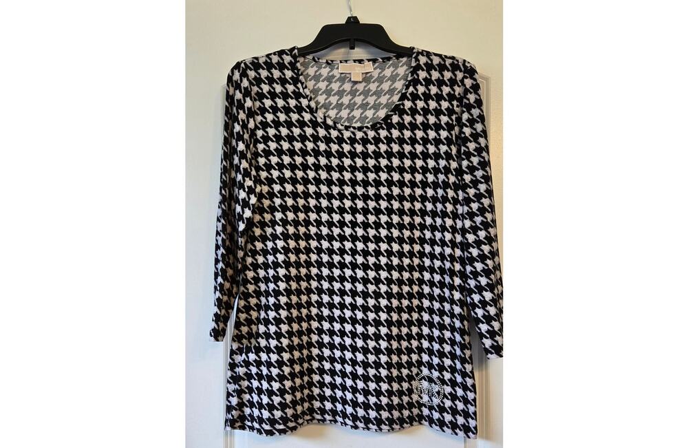 Michael Michael Kors Top Womens L Black White Houndstooth 3/4 Sleeve
